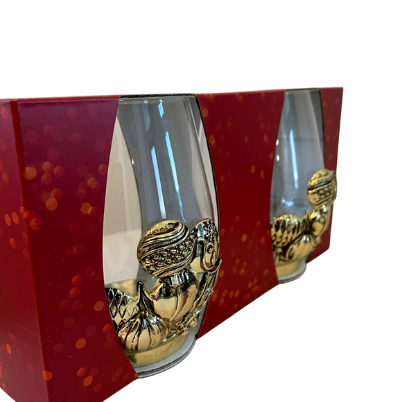 Set of 2 Gold Metal Glass Christmas Ornament Stemless Wine Glasses Holiday New - Picture 3 of 13